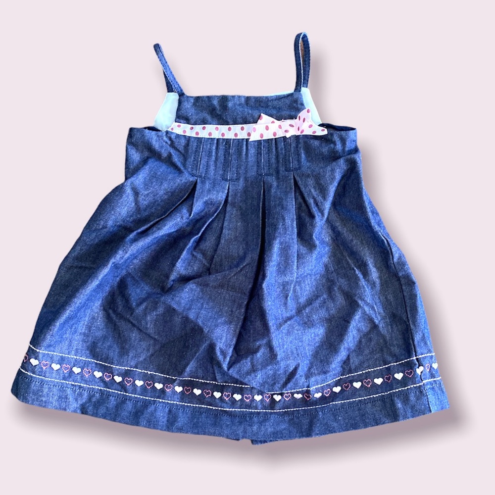 Baby Girls Chambray dress with ribbon bow & heart stitching details (0-3 months)